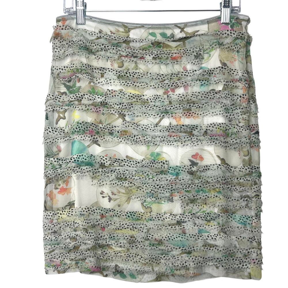 Marc Cain Silk Layered Ruffle Straight Pencil Mini Skirt Floral Abstract Print